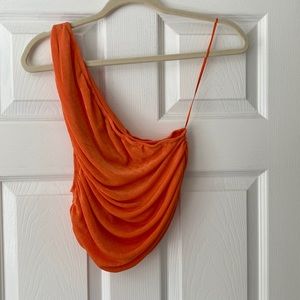 Princess Polly “the goddess” orange crop top one shoulder asymmetrical shimmer